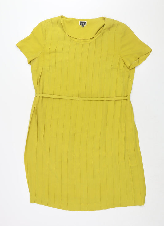 N.W.3 Womens Yellow Polyester Shift Size 10 Round Neck Zip - Belted Pleated