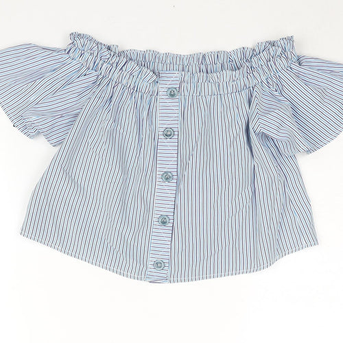 Missguided Womens Blue Striped Polyester Basic Blouse Size 6 Off the Shoulder - Rouched Button Detail