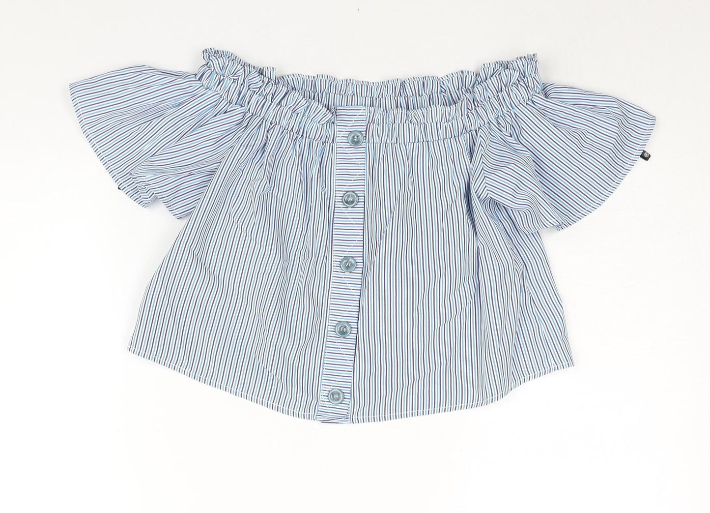 Missguided Womens Blue Striped Polyester Basic Blouse Size 6 Off the Shoulder - Rouched Button Detail