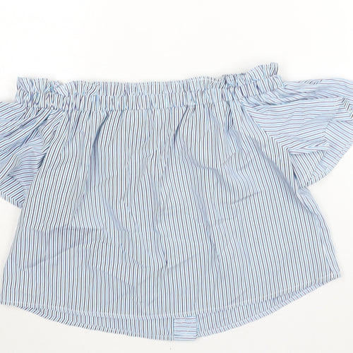 Missguided Womens Blue Striped Polyester Basic Blouse Size 6 Off the Shoulder - Rouched Button Detail