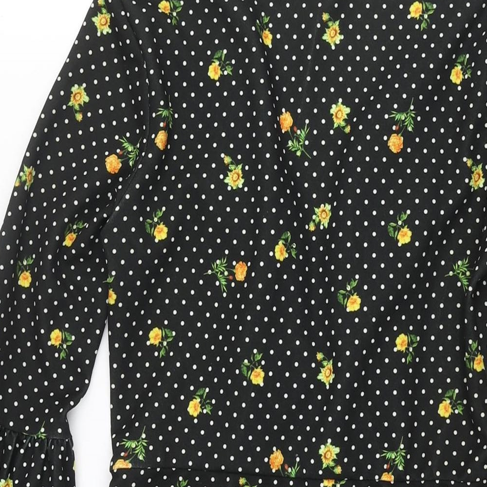 ASOS Womens Black Floral Polyester Mini Size 8 Sweetheart Pullover - Frill Polka Dot