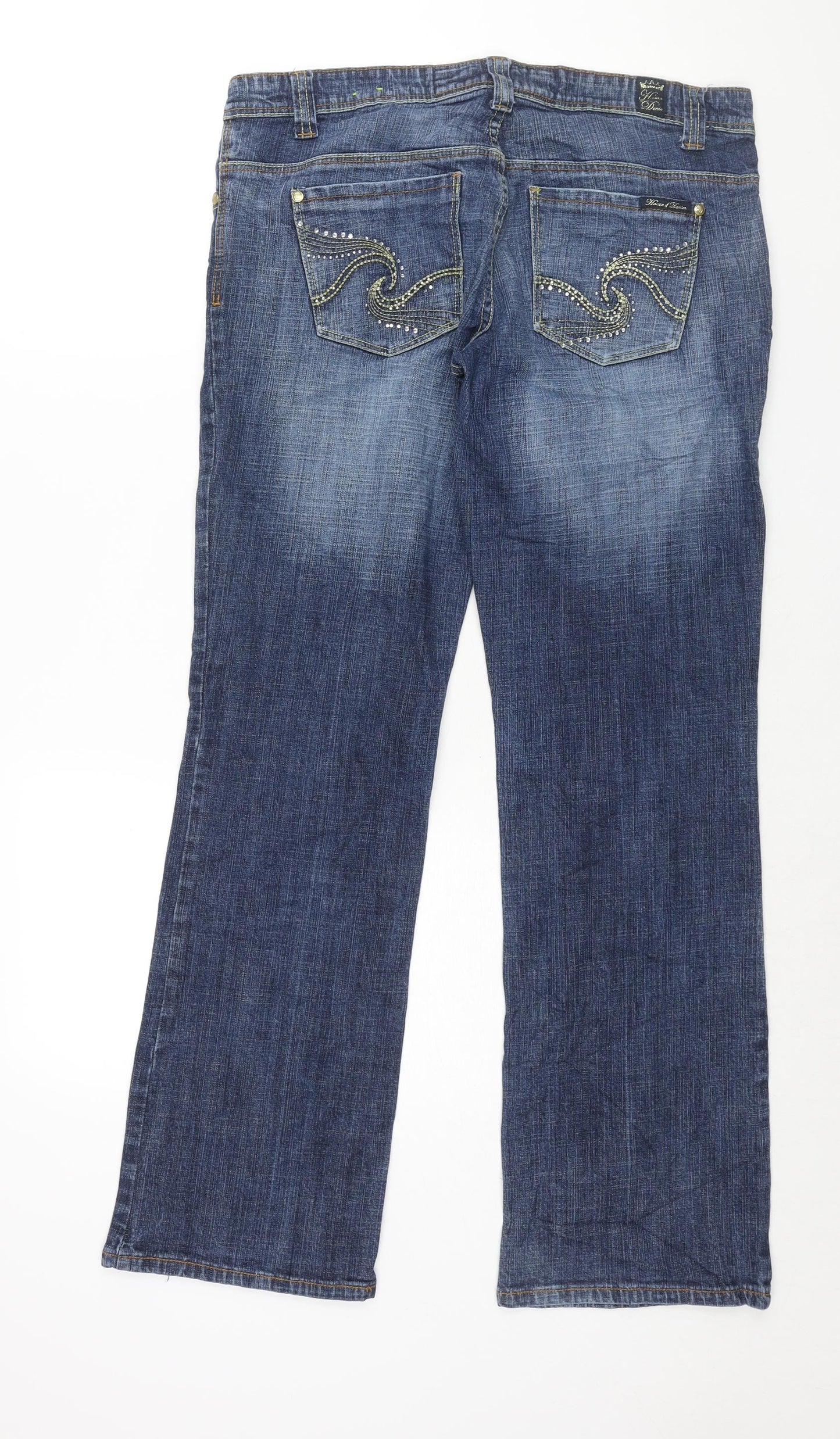 House Of Denim Womens Blue Cotton Bootcut Jeans Size 12 L31 in Regular Zip - Rhinestone Pockets