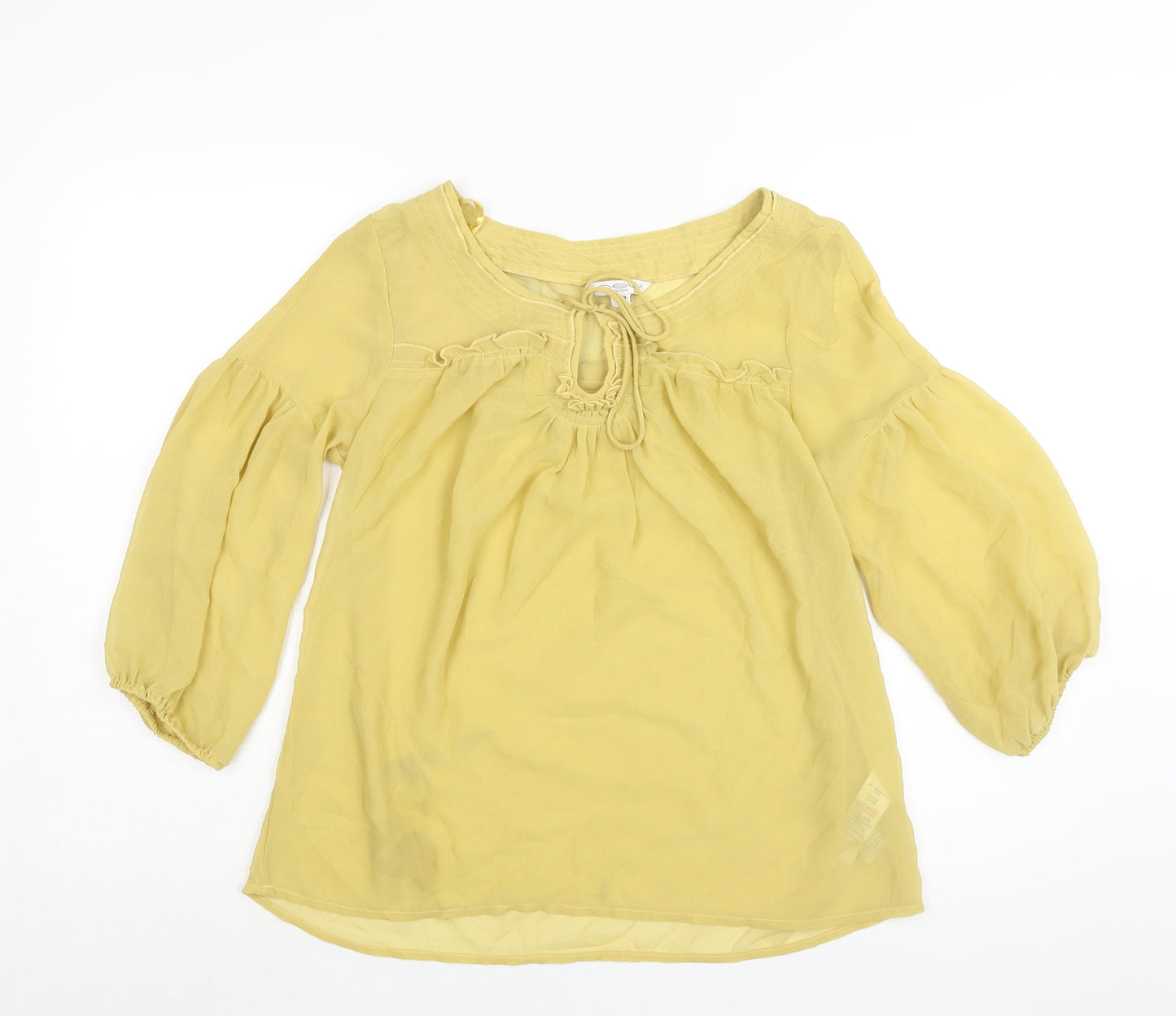 New Look Womens Yellow Polyester Basic Blouse Size 12 Round Neck - Keyhole Neck Frill Semi Sheer