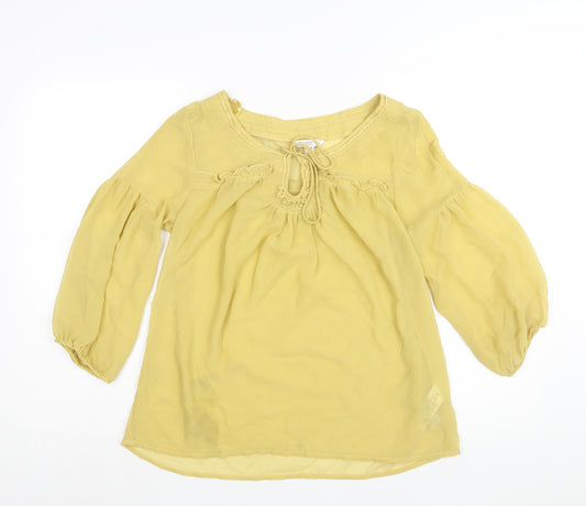 New Look Womens Yellow Polyester Basic Blouse Size 12 Round Neck - Keyhole Neck Frill Semi Sheer