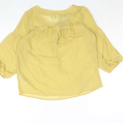 New Look Womens Yellow Polyester Basic Blouse Size 12 Round Neck - Keyhole Neck Frill Semi Sheer