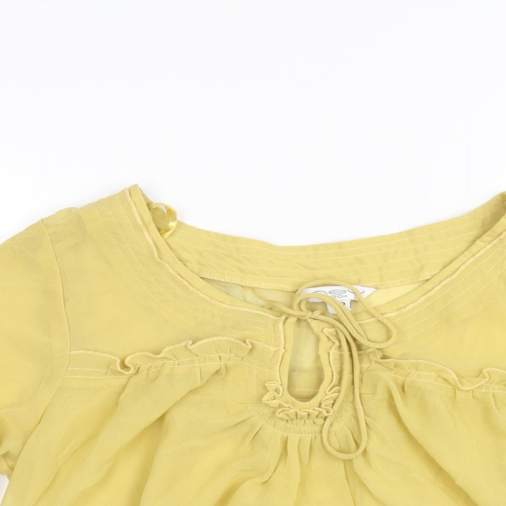 New Look Womens Yellow Polyester Basic Blouse Size 12 Round Neck - Keyhole Neck Frill Semi Sheer