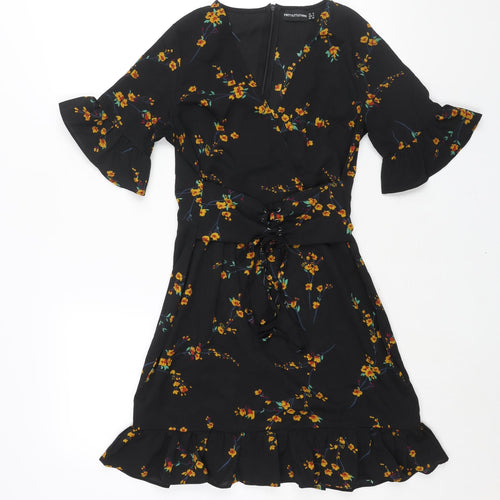 PRETTYLITTLETHING Womens Black Floral Polyester Mini Size 8 V-Neck Zip - Frill Lace-Up Detail