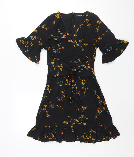 PRETTYLITTLETHING Womens Black Floral Polyester Mini Size 8 V-Neck Zip - Frill Lace-Up Detail