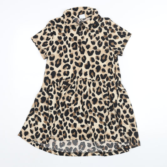 Zara Girls Beige Animal Print Polyester A-Line Size 10 Years Collared Button - Leopard Print