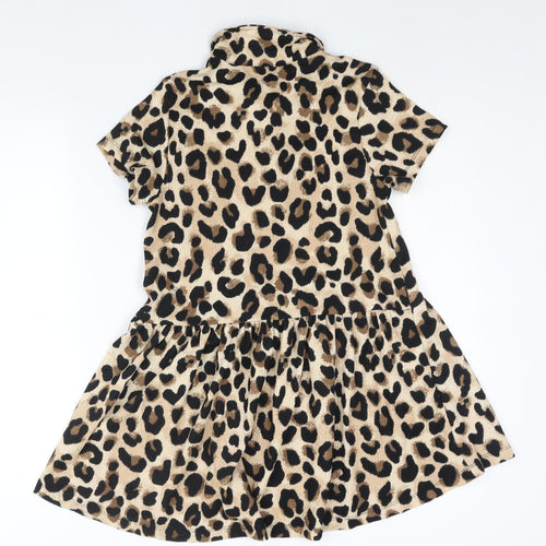 Zara Girls Beige Animal Print Polyester A-Line Size 10 Years Collared Button - Leopard Print