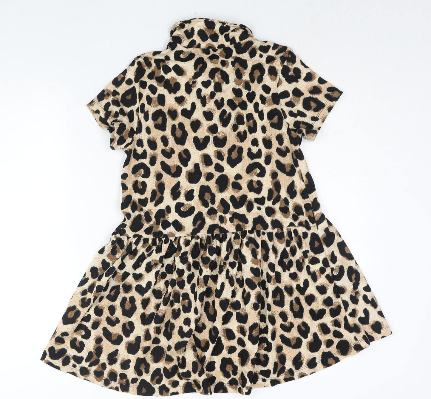 Zara Girls Beige Animal Print Polyester A-Line Size 10 Years Collared Button - Leopard Print