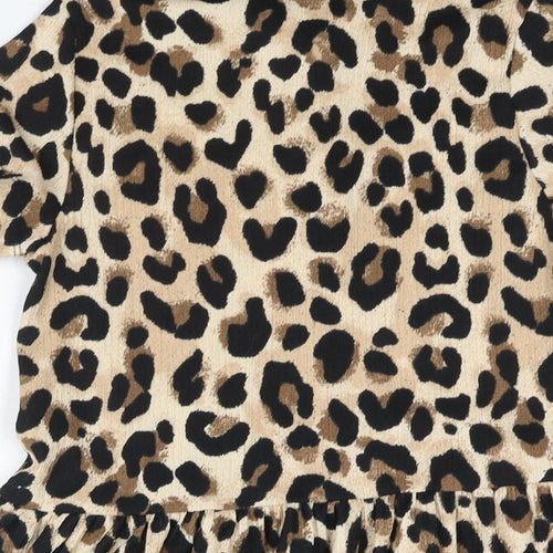 Zara Girls Beige Animal Print Polyester A-Line Size 10 Years Collared Button - Leopard Print