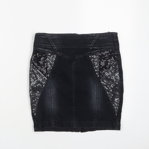 Zara Womens Black Cotton Mini Skirt Size 8 Zip - Sequins