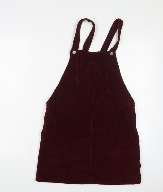 Topshop Womens Red Cotton Pinafore/Dungaree Dress Size 8 Square Neck Button