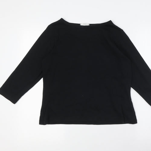 Marks and Spencer Womens Black Herringbone 100% Cotton Basic T-Shirt Size 14 Boat Neck