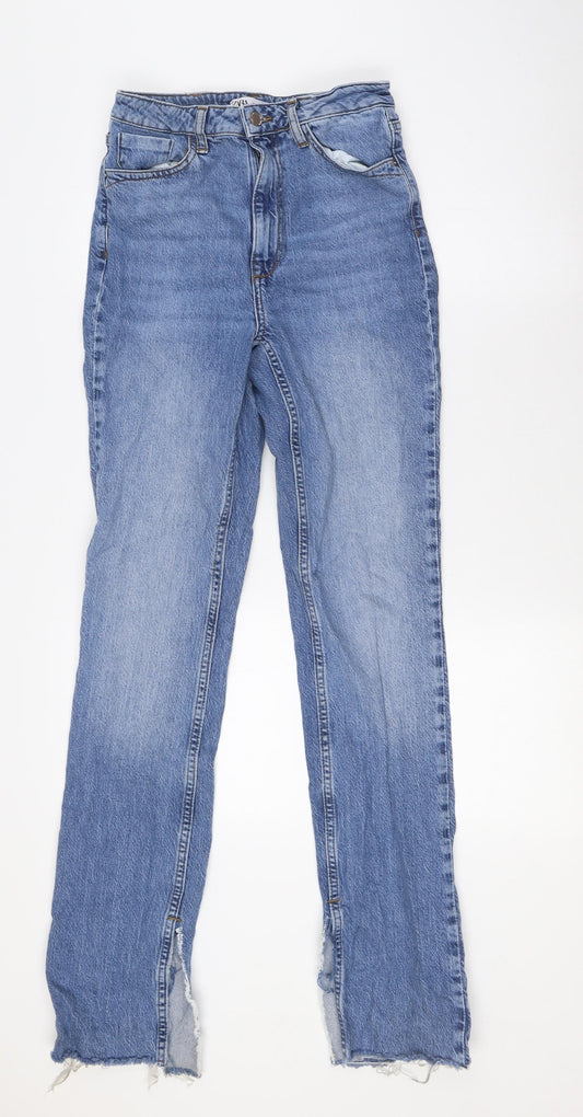 Zara Womens Blue Cotton Straight Jeans Size 6 L33 in Regular Button - Raw Hems