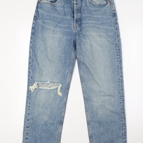 Zara Womens Blue Cotton Straight Jeans Size 10 L27 in Regular Button - Raw Hem