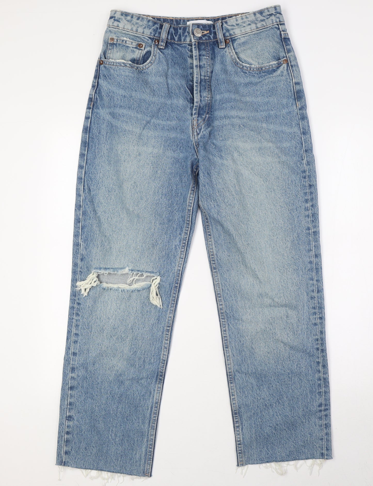 Zara Womens Blue Cotton Straight Jeans Size 10 L27 in Regular Button - Raw Hem