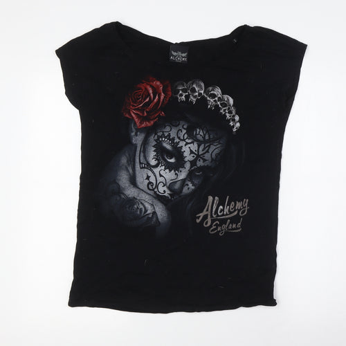 Alchemy Womens Black Cotton Basic T-Shirt Size S Boat Neck - Skulls