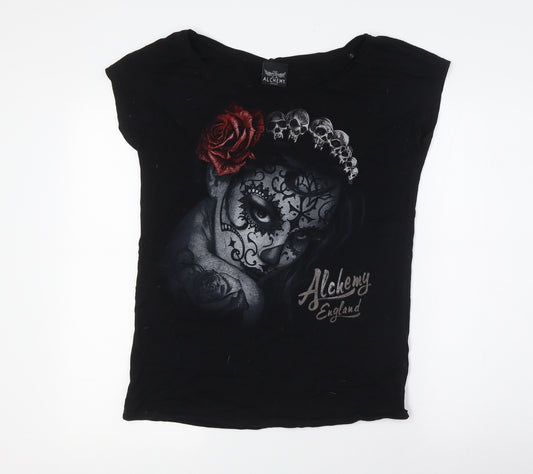 Alchemy Womens Black Cotton Basic T-Shirt Size S Boat Neck - Skulls