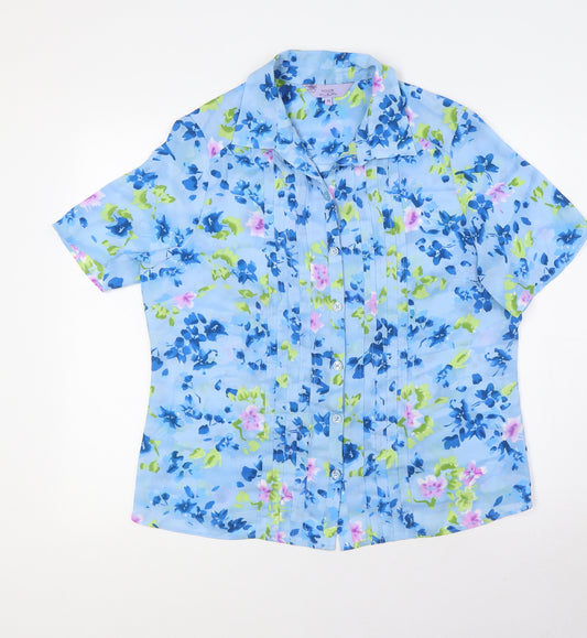 HONOR MILLBURN Womens Blue Floral Polyester Basic Blouse Size 14 Collared