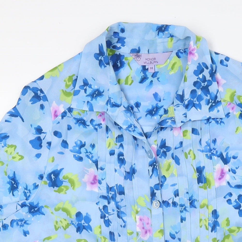 HONOR MILLBURN Womens Blue Floral Polyester Basic Blouse Size 14 Collared