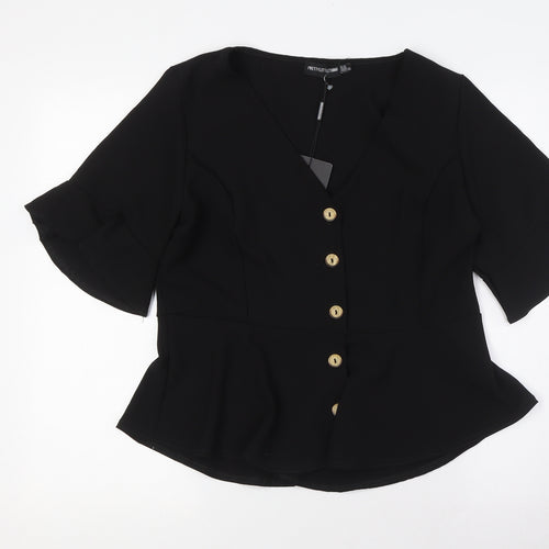 PRETTYLITTLETHING Womens Black Polyester Basic Blouse Size 14 V-Neck