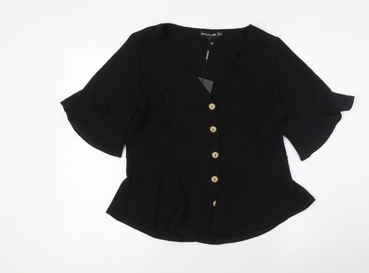 PRETTYLITTLETHING Womens Black Polyester Basic Blouse Size 14 V-Neck