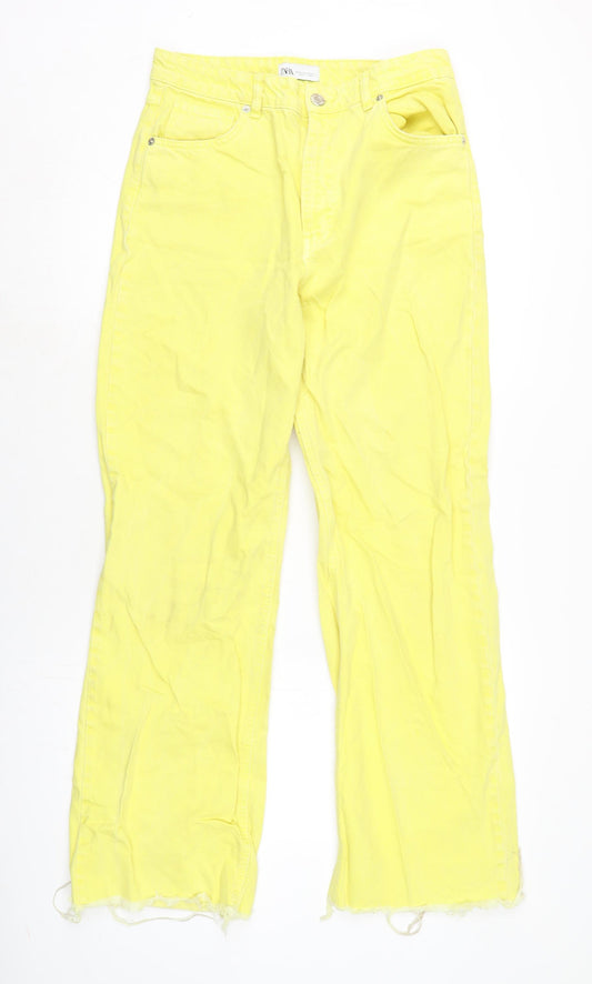 Zara Womens Yellow Cotton Tapered Jeans Size 12 L31 in Regular Zip - Raw Hem