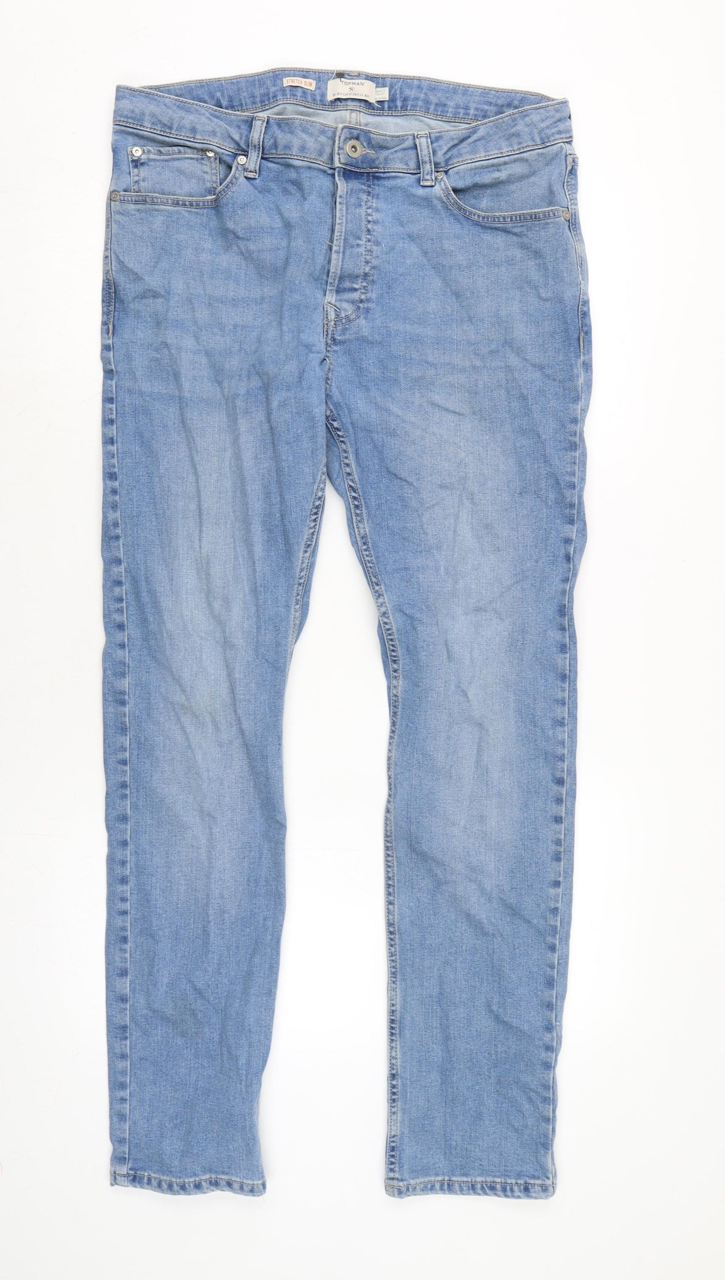 Topman Mens Blue Cotton Blend Straight Jeans Size 36 in L32 in Regular Button