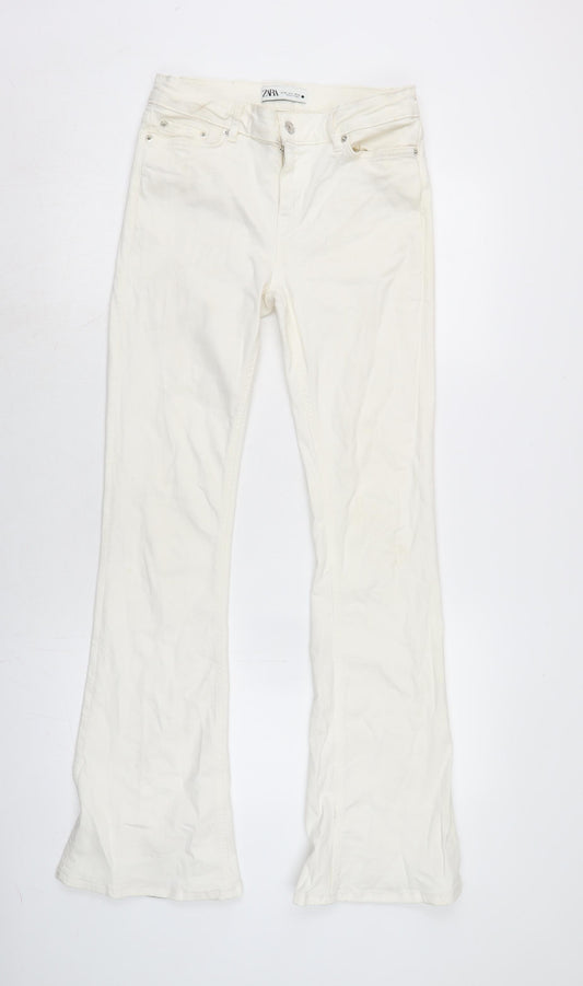 Zara Womens Ivory Cotton Blend Flared Jeans Size 8 L32 in Extra-Slim Zip