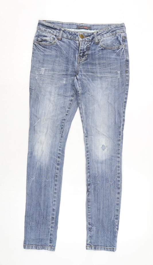 Love Label Womens Blue Cotton Blend Tapered Jeans Size 6 L29 in Regular Zip - Distressed