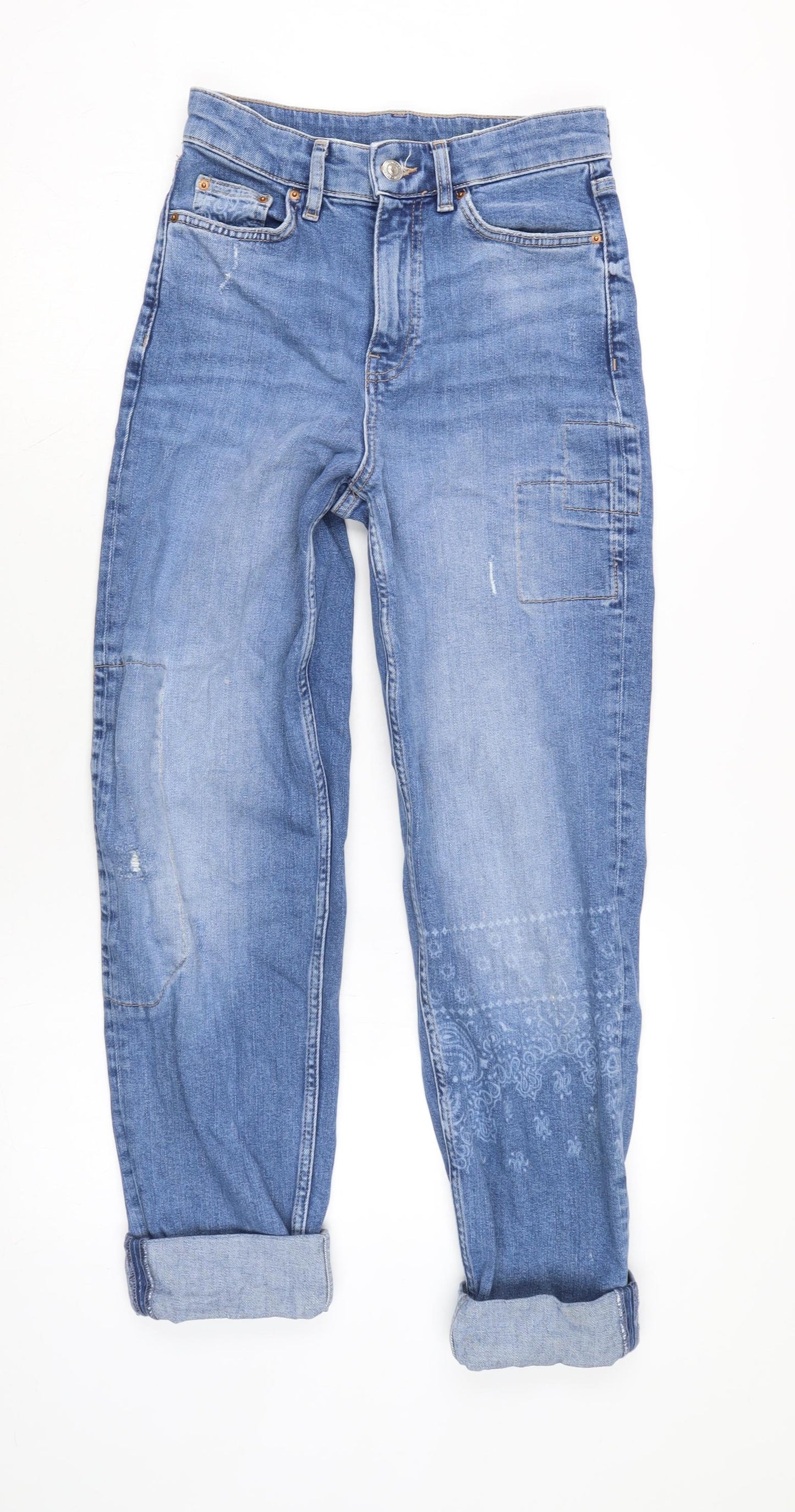 Marks and Spencer Womens Blue Cotton Blend Straight Jeans Size 8 L27.5 in Regular Zip - Pattern on leg.