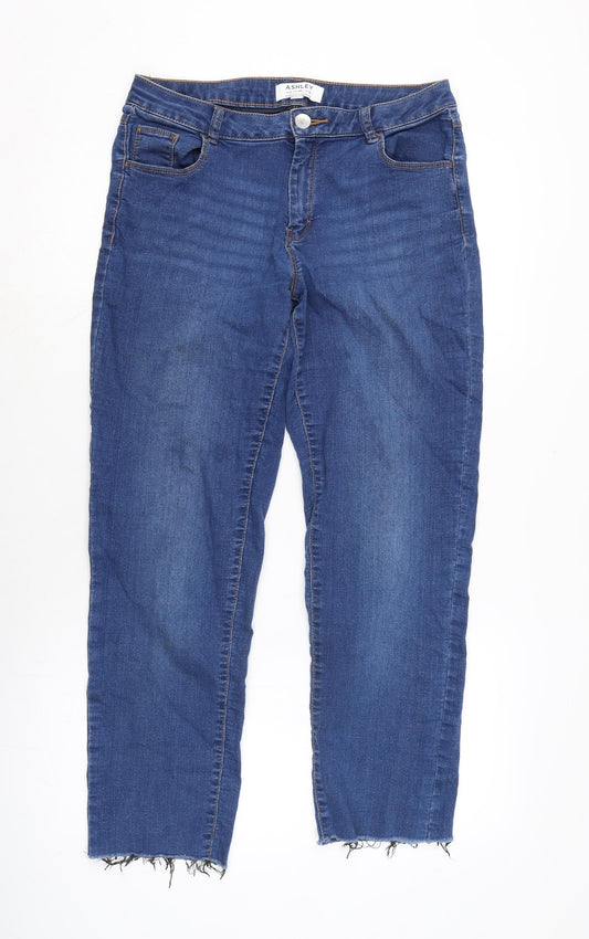 Dorothy Perkins Womens Blue Cotton Blend Straight Jeans Size 12 L26 in Regular Zip - Raw Hem