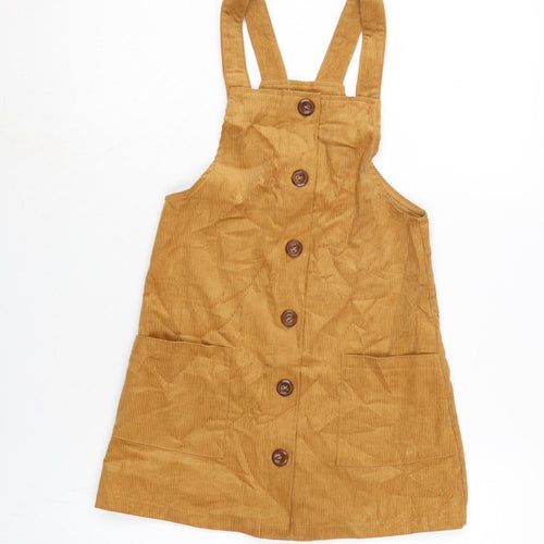 Nutmeg Girls Brown Cotton Pinafore/Dungaree Dress Size 7-8 Years Square Neck Button