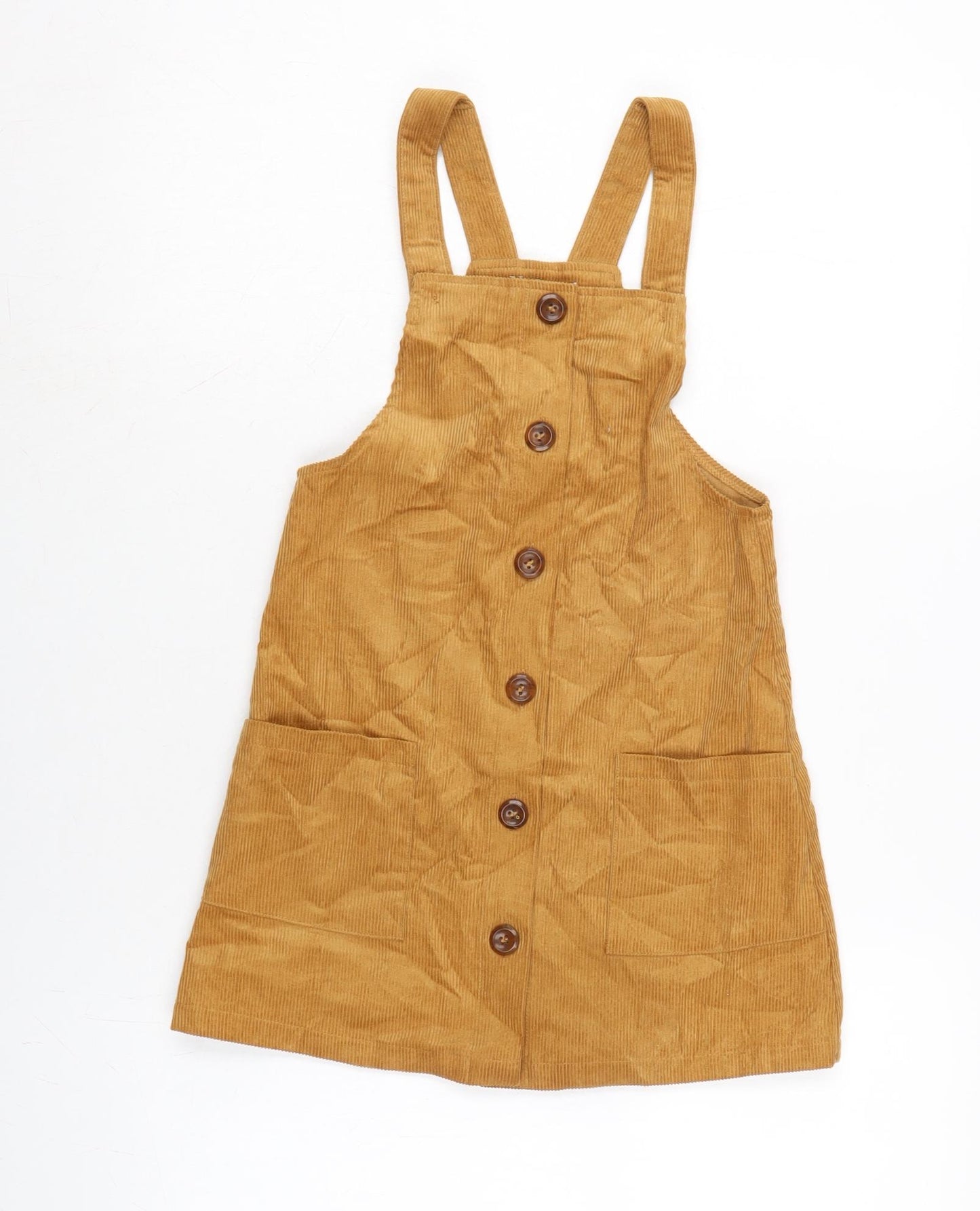 Nutmeg Girls Brown Cotton Pinafore/Dungaree Dress Size 7-8 Years Square Neck Button