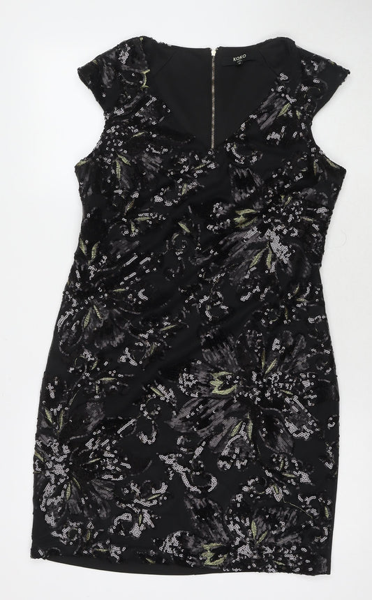 KOKO Womens Black Polyester A-Line Size 16 V-Neck Zip - Sequin Detail