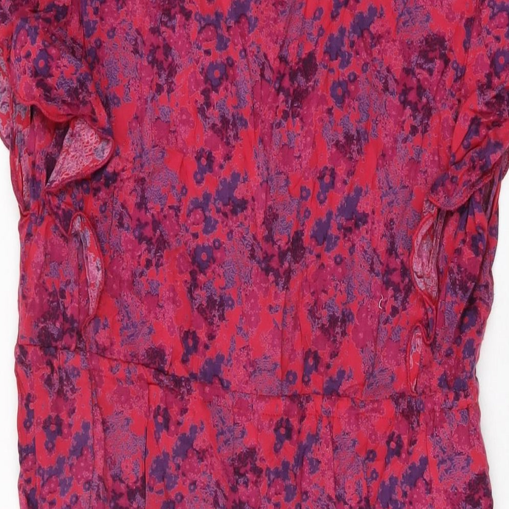 Weird Fish Womens Pink Floral Viscose Mini Size 10 V-Neck Button