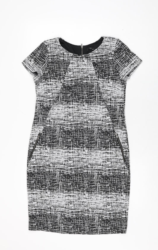 M&Co Womens Grey Geometric Polyester Bodycon Size 10 Round Neck Zip