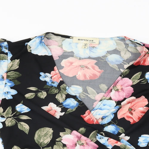 Monteau Womens Black Floral Polyester Wrap T-Shirt Size S V-Neck