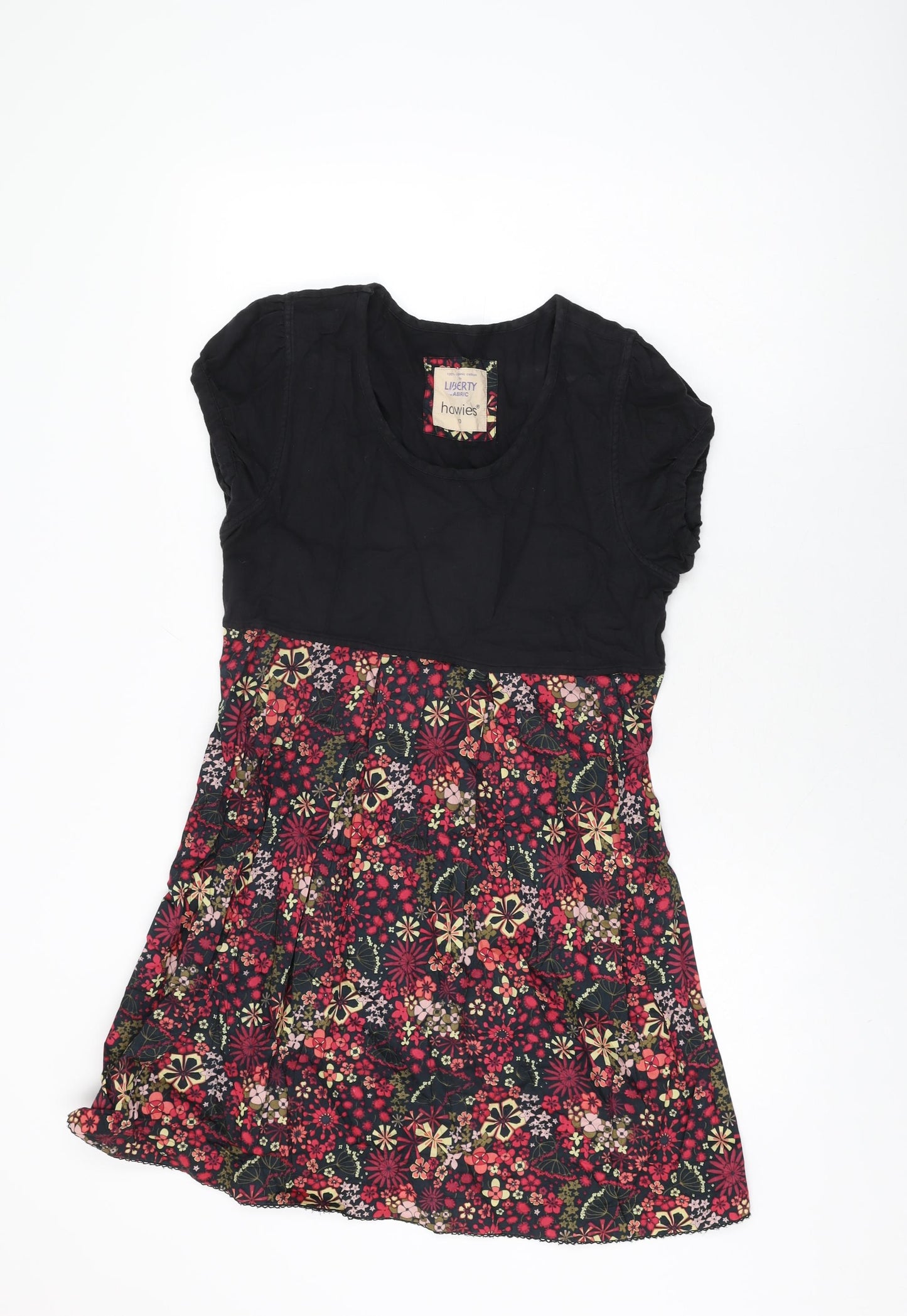 Howies Womens Black Floral Cotton Skater Dress Size 10 Scoop Neck Pullover