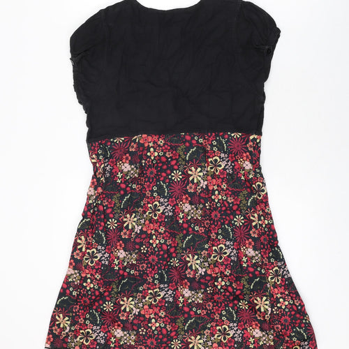 Howies Womens Black Floral Cotton Skater Dress Size 10 Scoop Neck Pullover