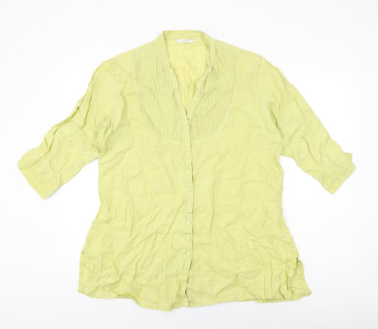 Marks and Spencer Womens Green Linen Basic Button-Up Size 20 V-Neck