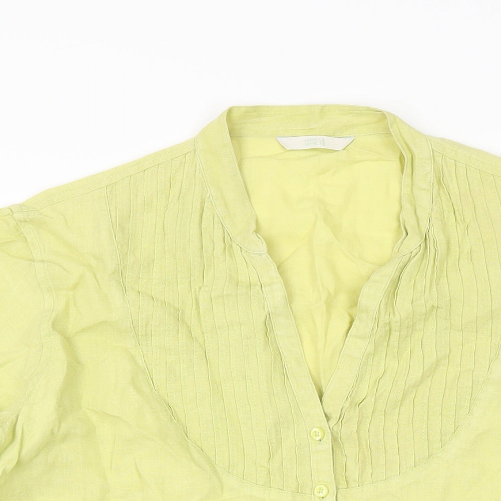 Marks and Spencer Womens Green Linen Basic Button-Up Size 20 V-Neck