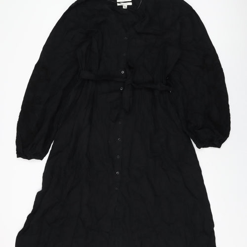 Marks and Spencer Womens Black Linen A-Line Size 12 V-Neck Button