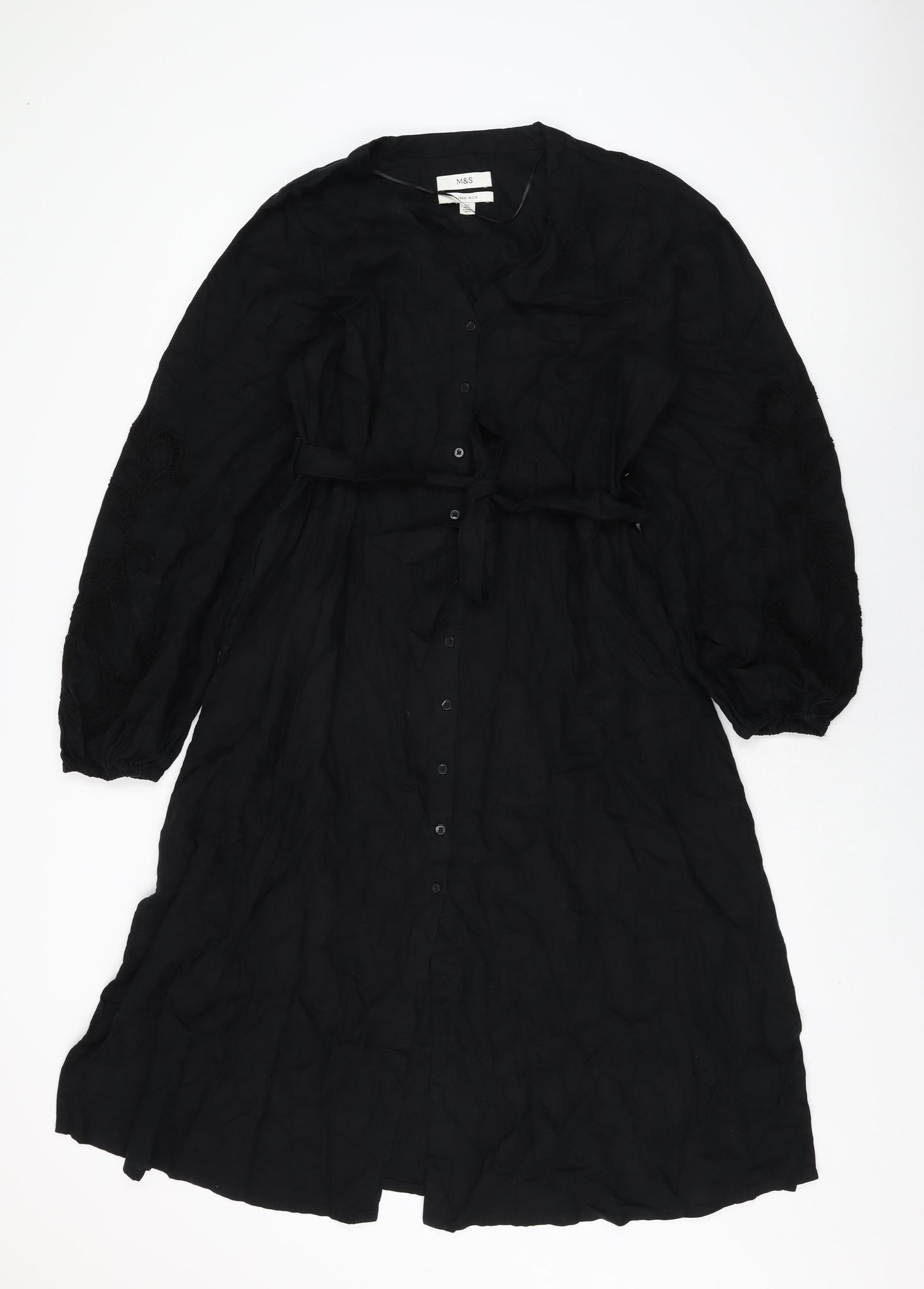 Marks and Spencer Womens Black Linen A-Line Size 12 V-Neck Button