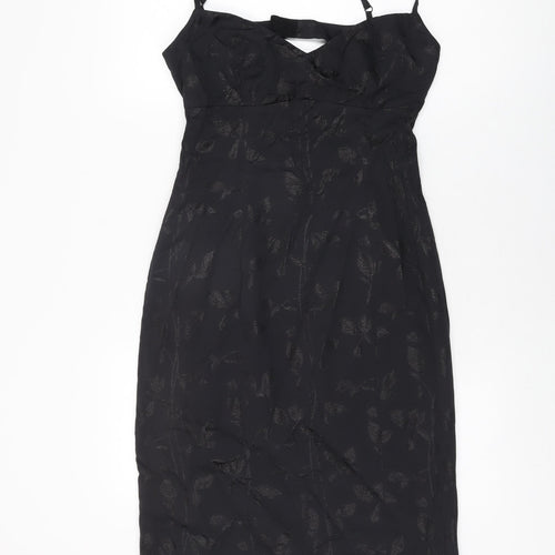 Karen Millen Womens Black Floral Cupro Bodycon Size 12 V-Neck Zip