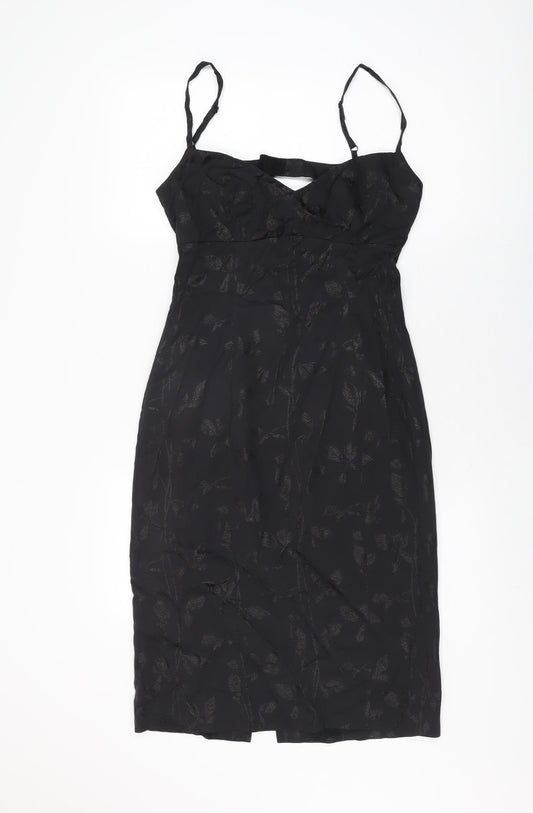 Karen Millen Womens Black Floral Cupro Bodycon Size 12 V-Neck Zip