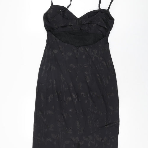 Karen Millen Womens Black Floral Cupro Bodycon Size 12 V-Neck Zip