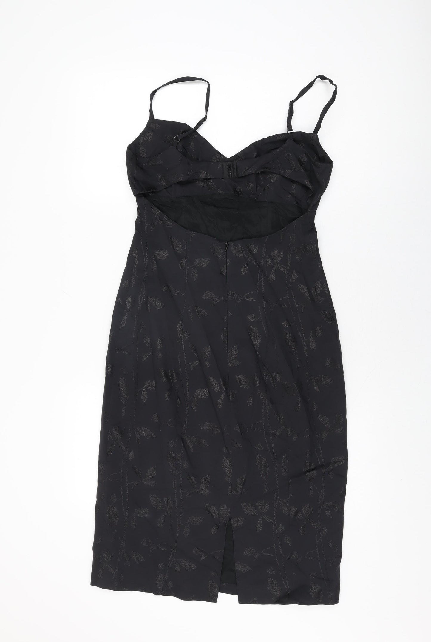 Karen Millen Womens Black Floral Cupro Bodycon Size 12 V-Neck Zip